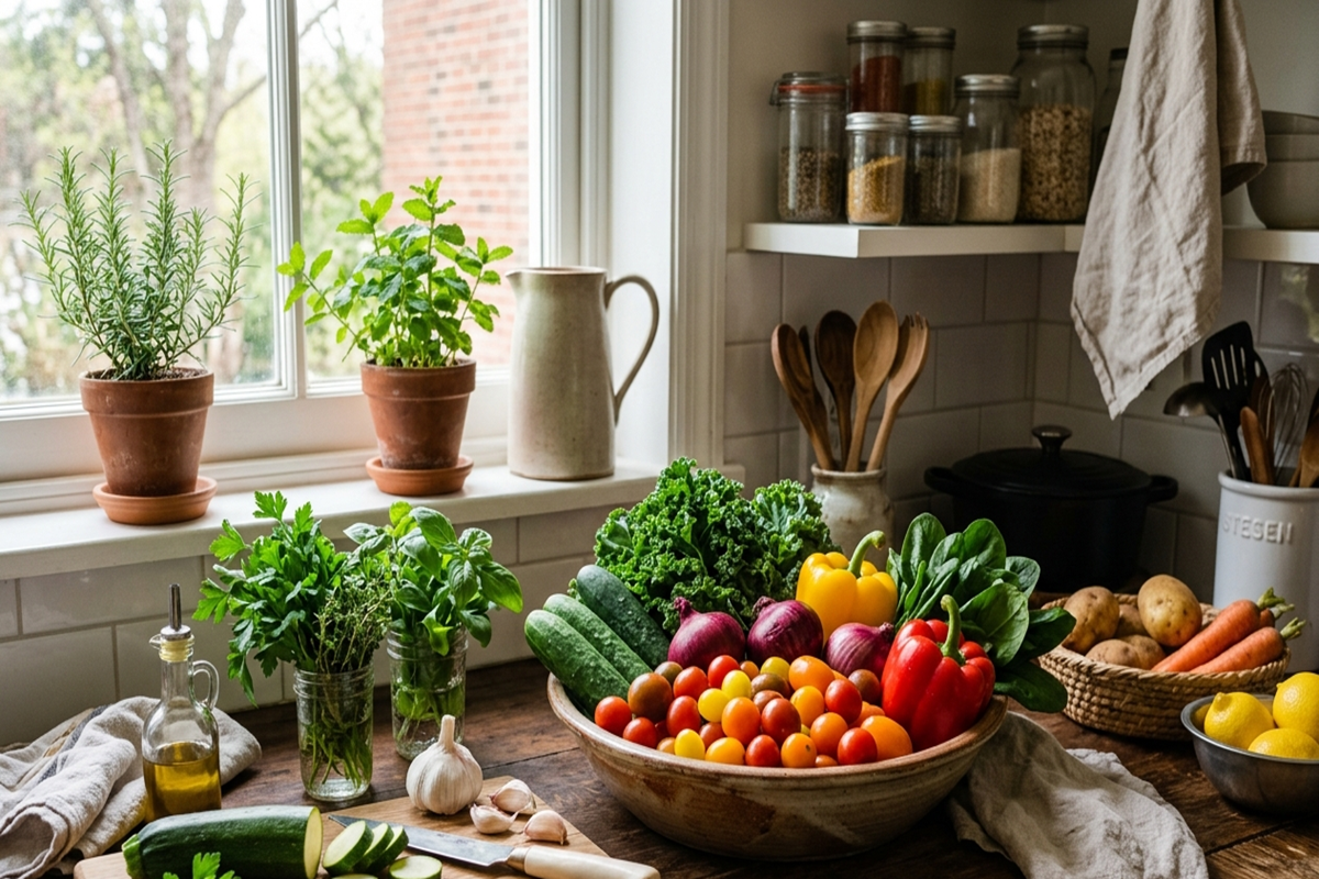 Assortiment de légumes frais et d'herbes aromatiques sur un plan de travail en bois.