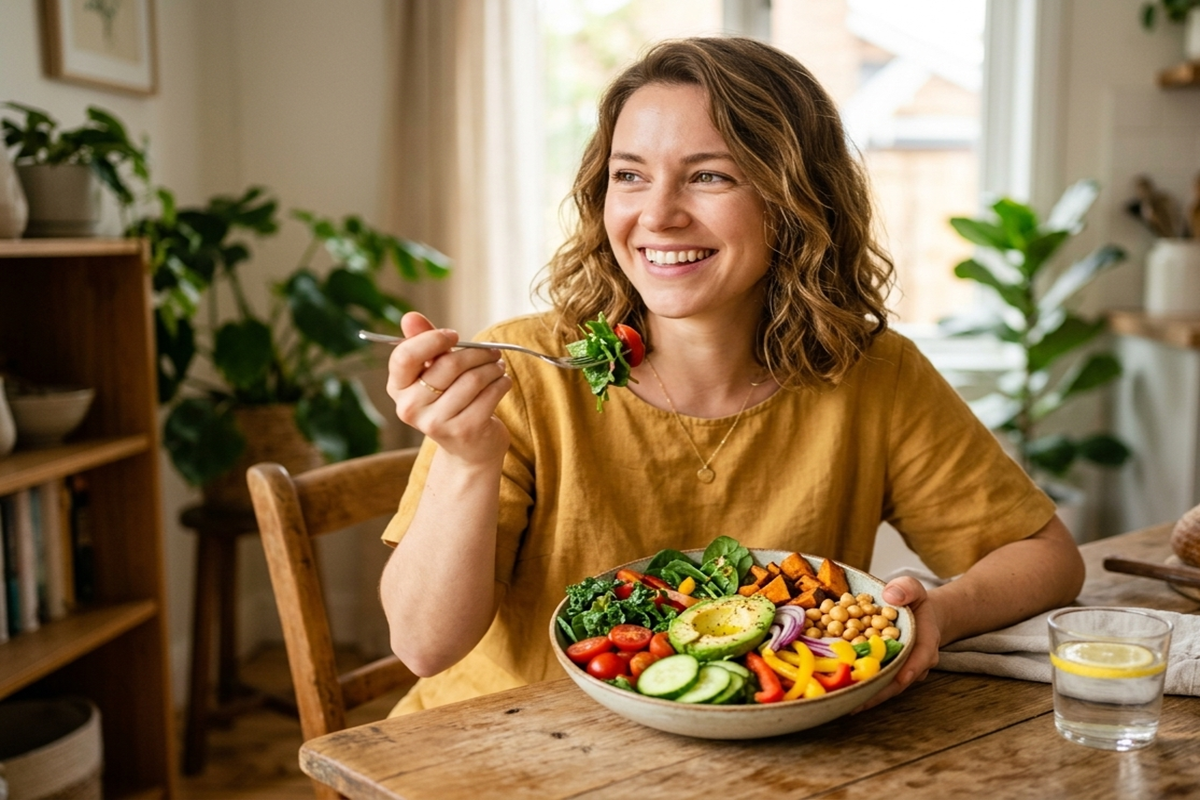 Femme souriante mangeant une salade colorée de légumes frais pour renforcer son système immunitaire.
