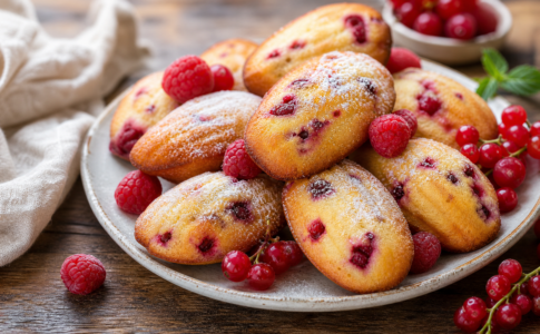 Des madeleines moelleuses aux fruits rouges saupoudrées de sucre glace sur une assiette.