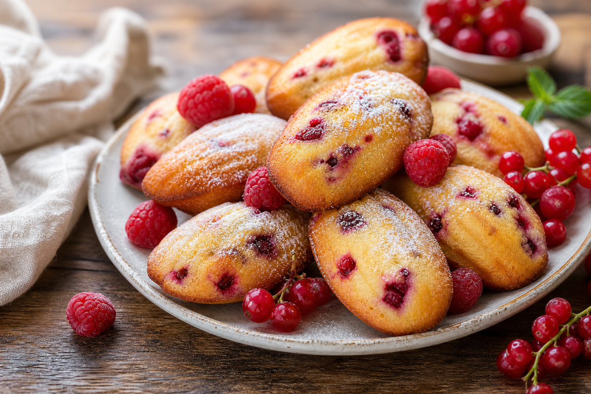 Des madeleines moelleuses aux fruits rouges saupoudrées de sucre glace sur une assiette.
