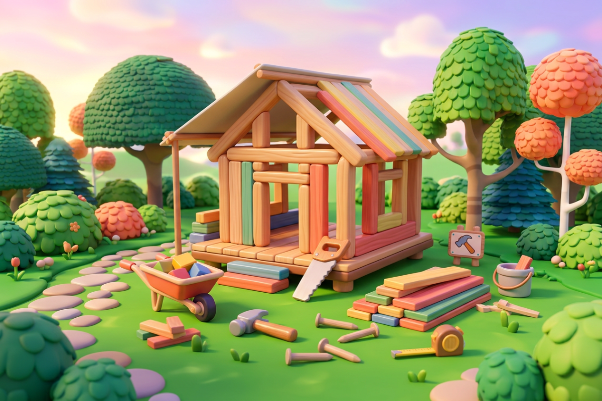 Une maison en construction dans un jardin, décor inspiré des Trois Bricochons