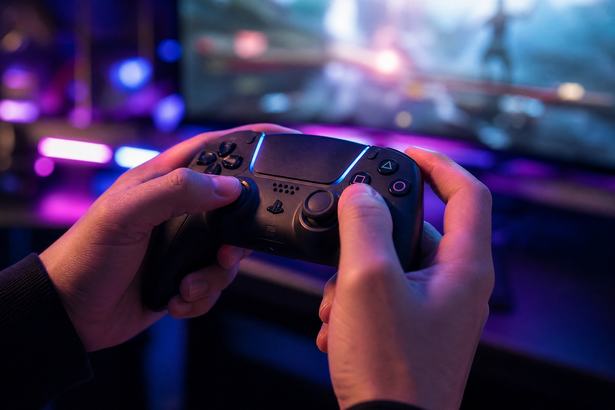 Les mains d'un joueur tenant une manette noire éclairée par des lumières néon devant un écran.