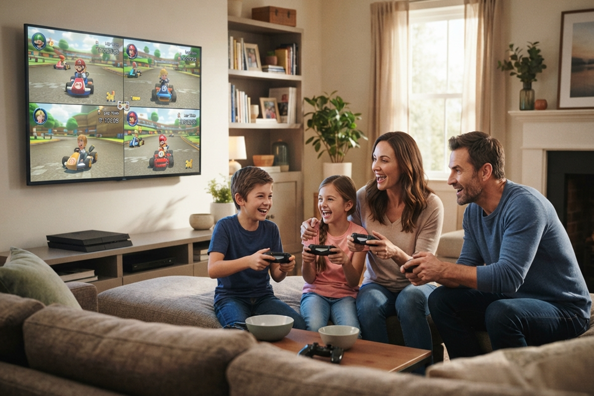 Une famille qui joue à Mario Kart sur console