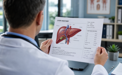 Un médecin de dos examine une fiche médicale montrant l'anatomie du foie.