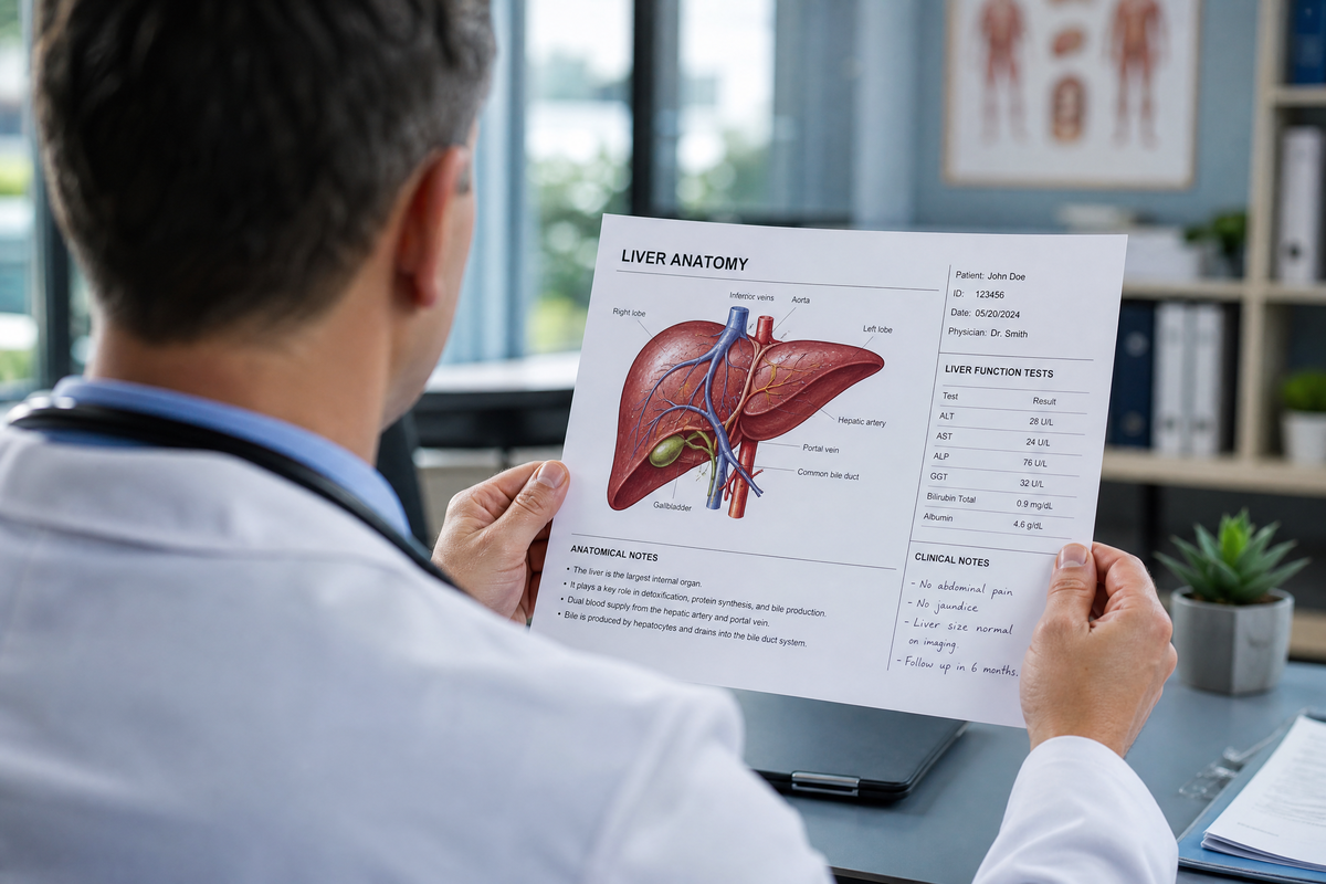 Un médecin de dos examine une fiche médicale montrant l'anatomie du foie.