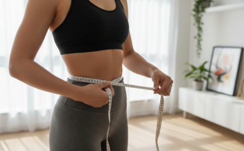 Femme mesurant son tour de taille avec un mètre ruban.