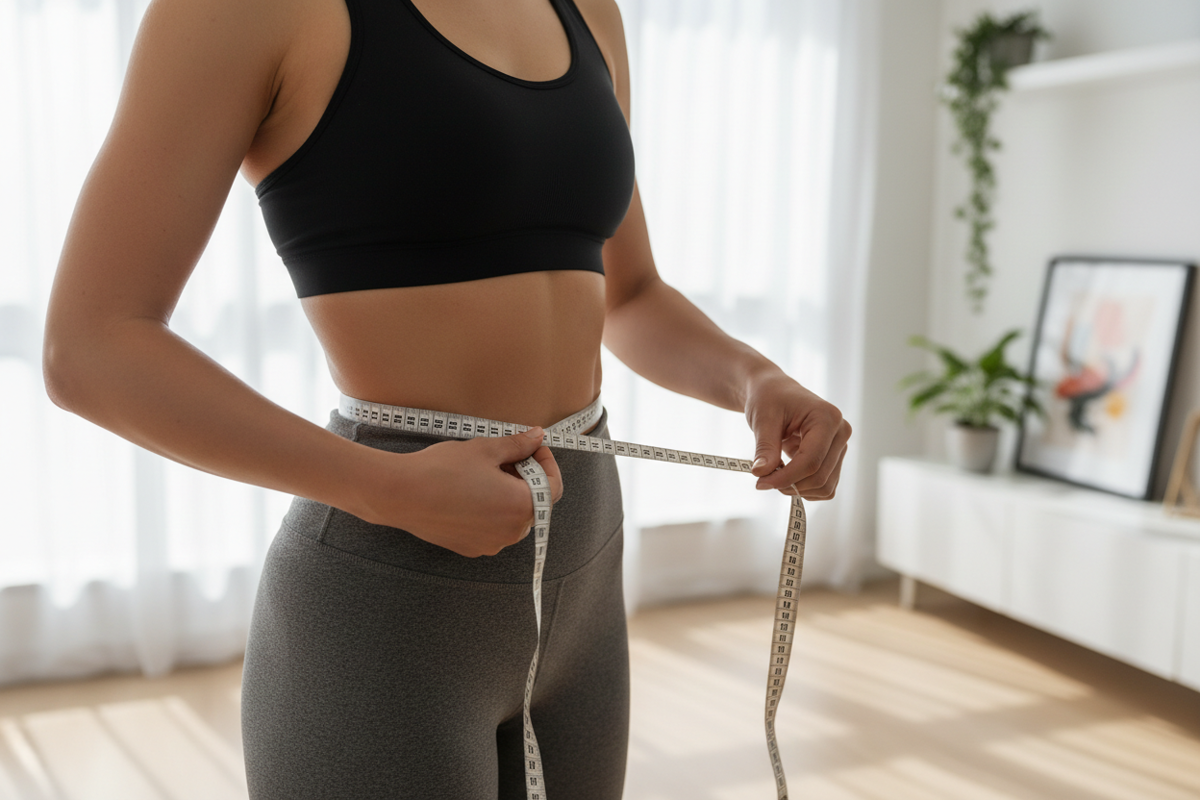 Femme mesurant son tour de taille avec un mètre ruban.