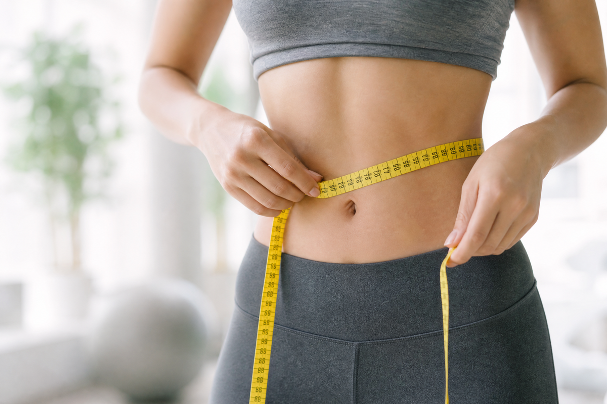Une femme mesurant son tour de taille avec un ruban jaune dans une salle de sport.