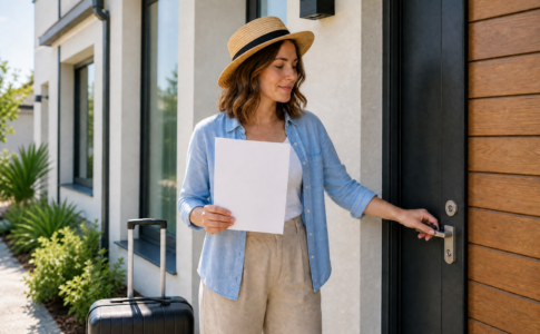 Une femme ferme la porte de sa maison avant de partir en vacances.
