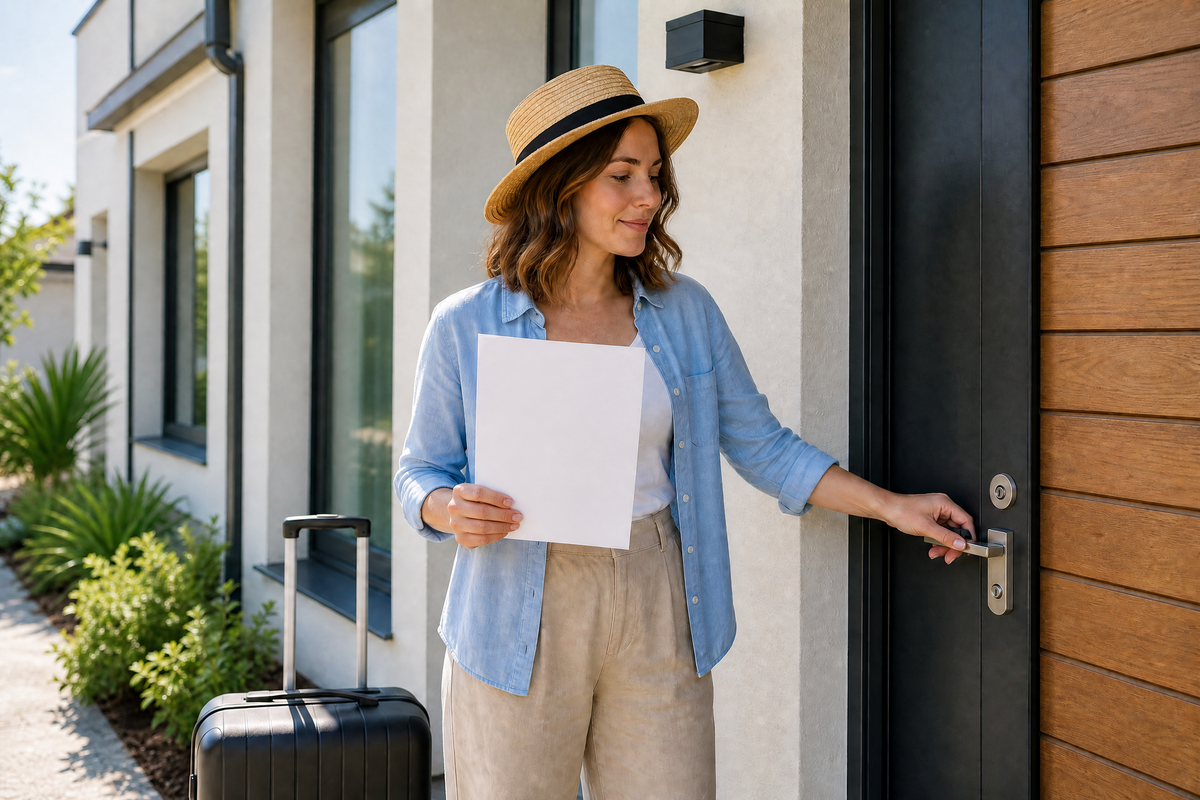 Une femme ferme la porte de sa maison avant de partir en vacances.
