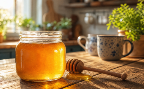 Un pot de miel doré avec une cuillère en bois.