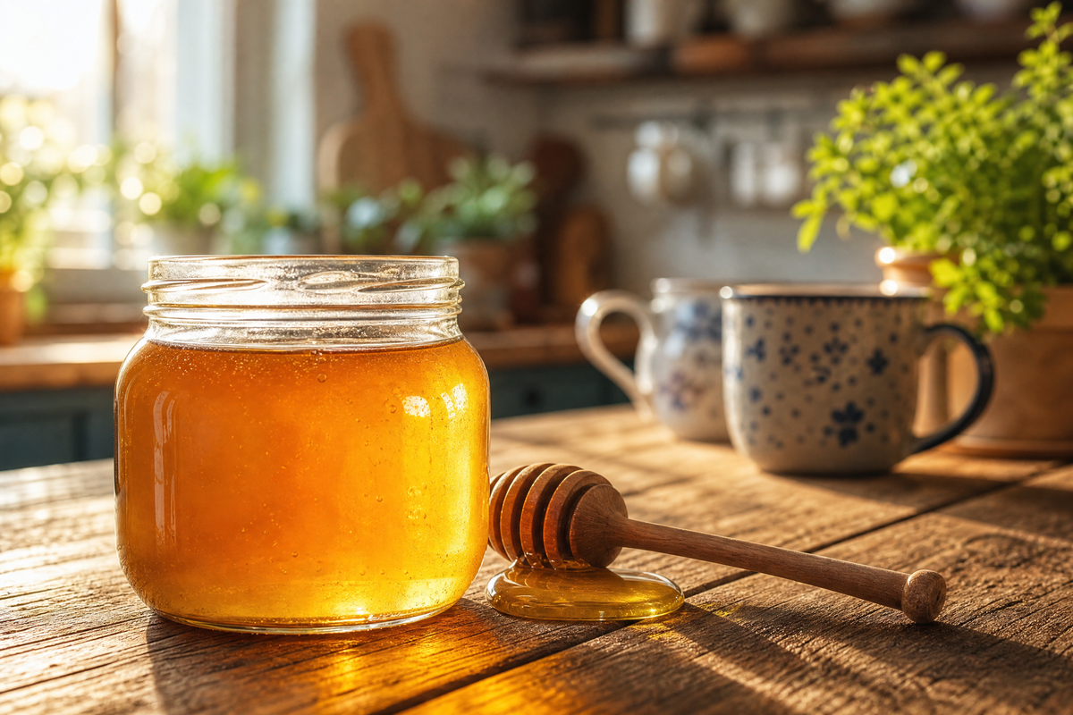 Un pot de miel doré avec une cuillère en bois.