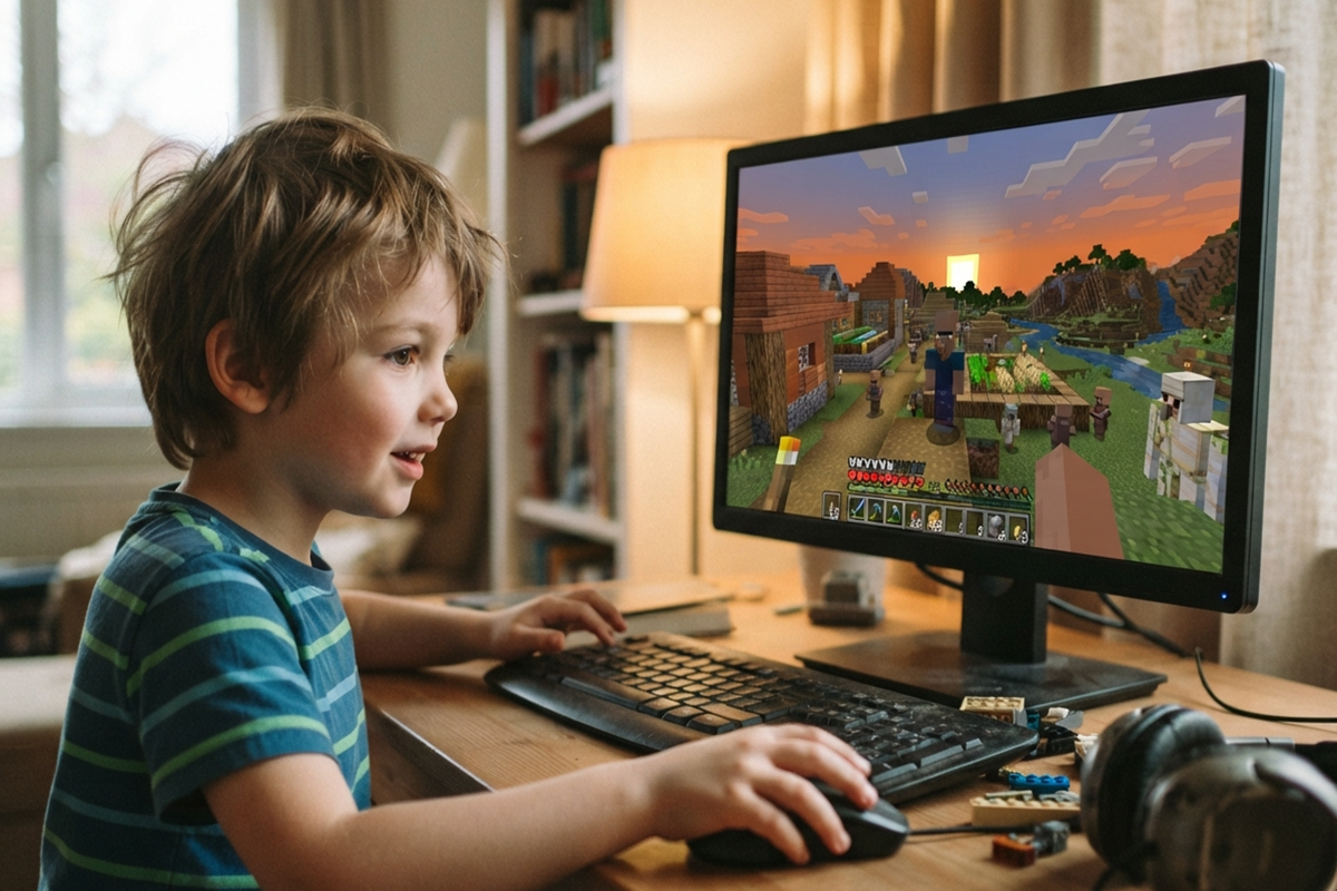 Un enfant qui joue à un jeu comme Minecraft