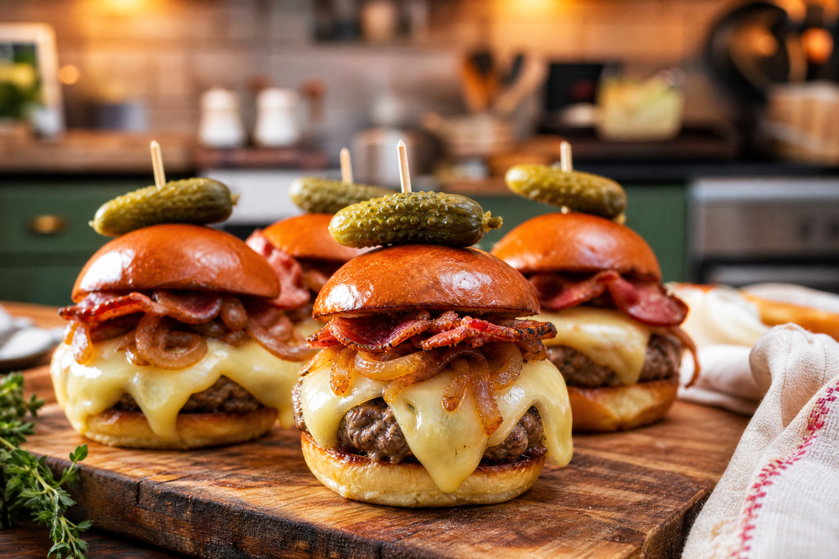 Des mini burger montagnard avec du fromage fondu.