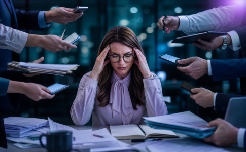 Une femme stressée au bureau, submergée par de nombreuses mains lui tendant des téléphones et des dossiers.