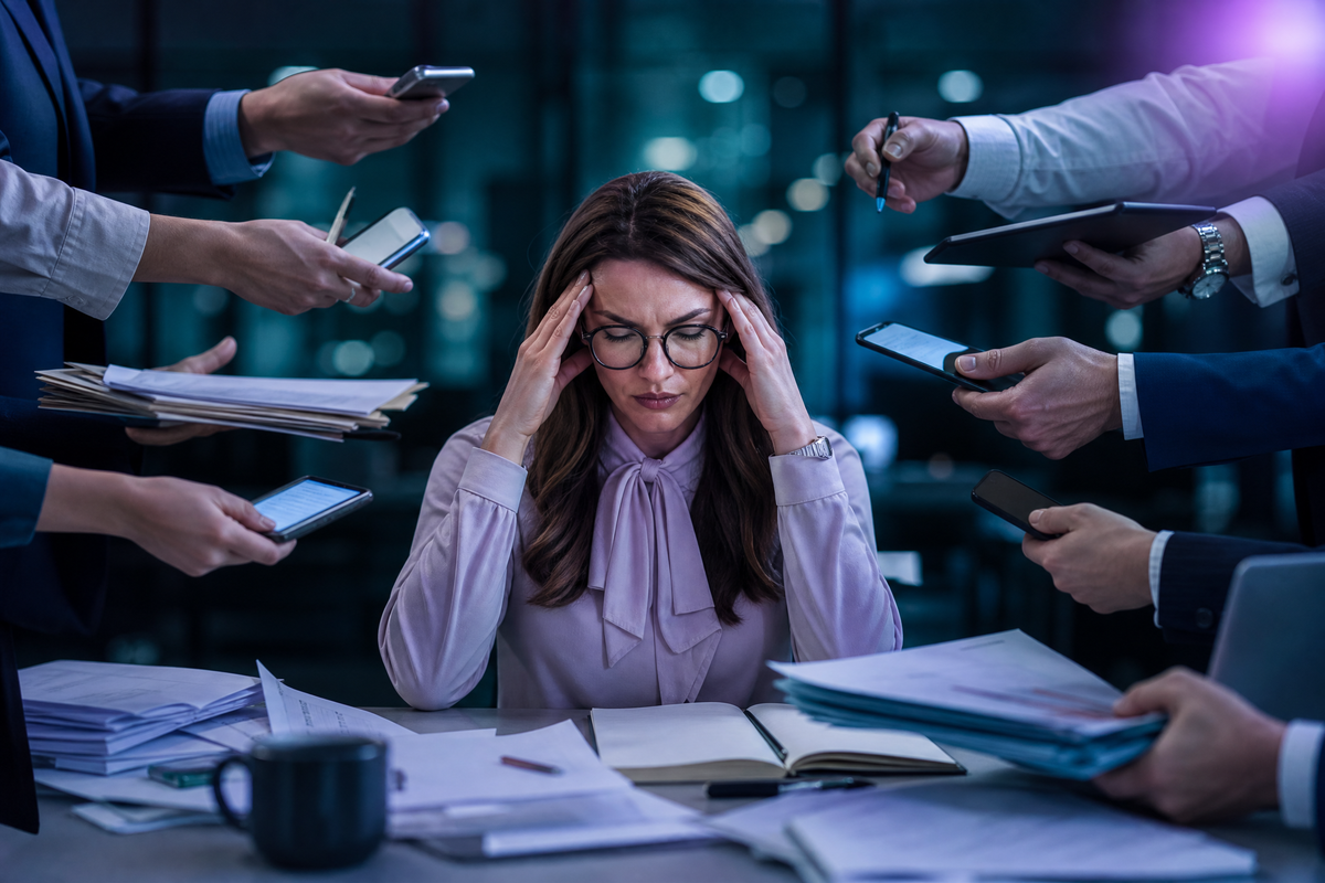 Une femme stressée au bureau, submergée par de nombreuses mains lui tendant des téléphones et des dossiers.