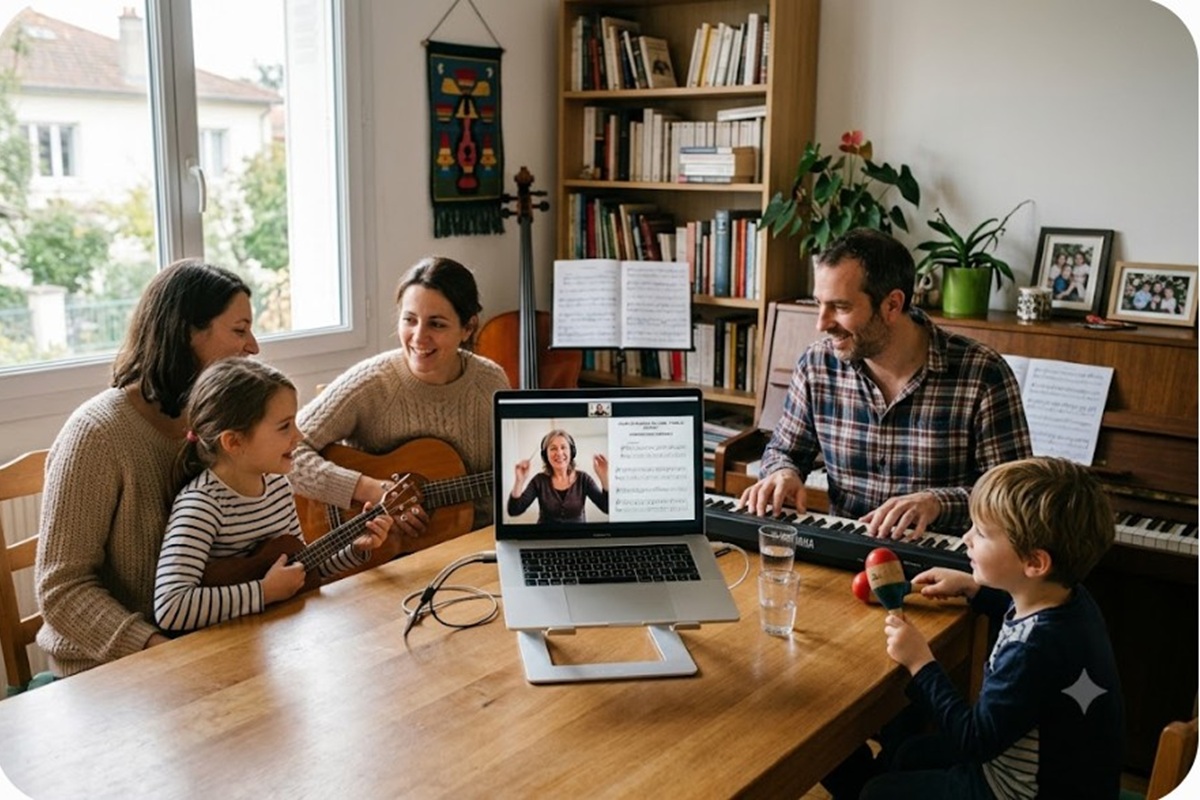 Une famille prenant des cours de musique