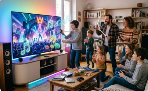 Une famille assistant à un concert virtuel en jouant