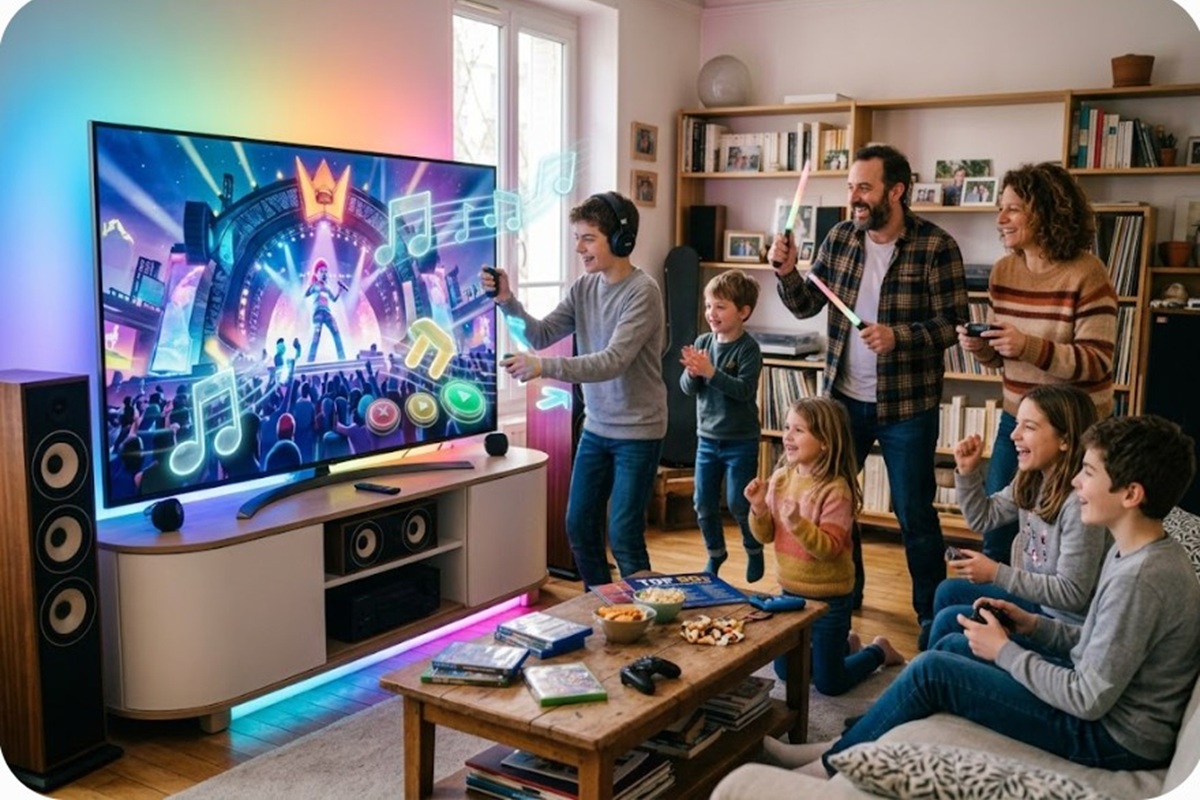 Une famille assistant à un concert virtuel en jouant