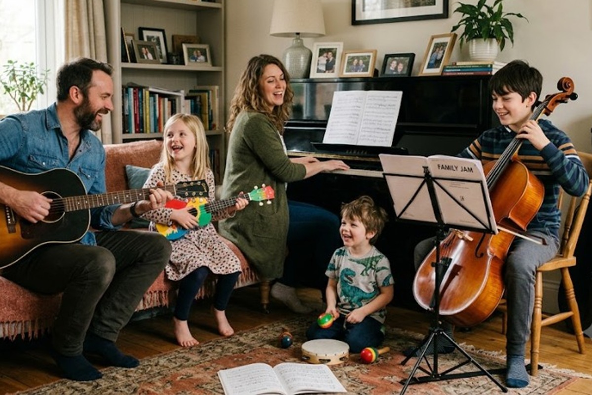 Une famille s’amusant en musique