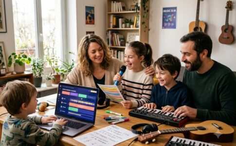 Une famille créant de la musique avec l'IA