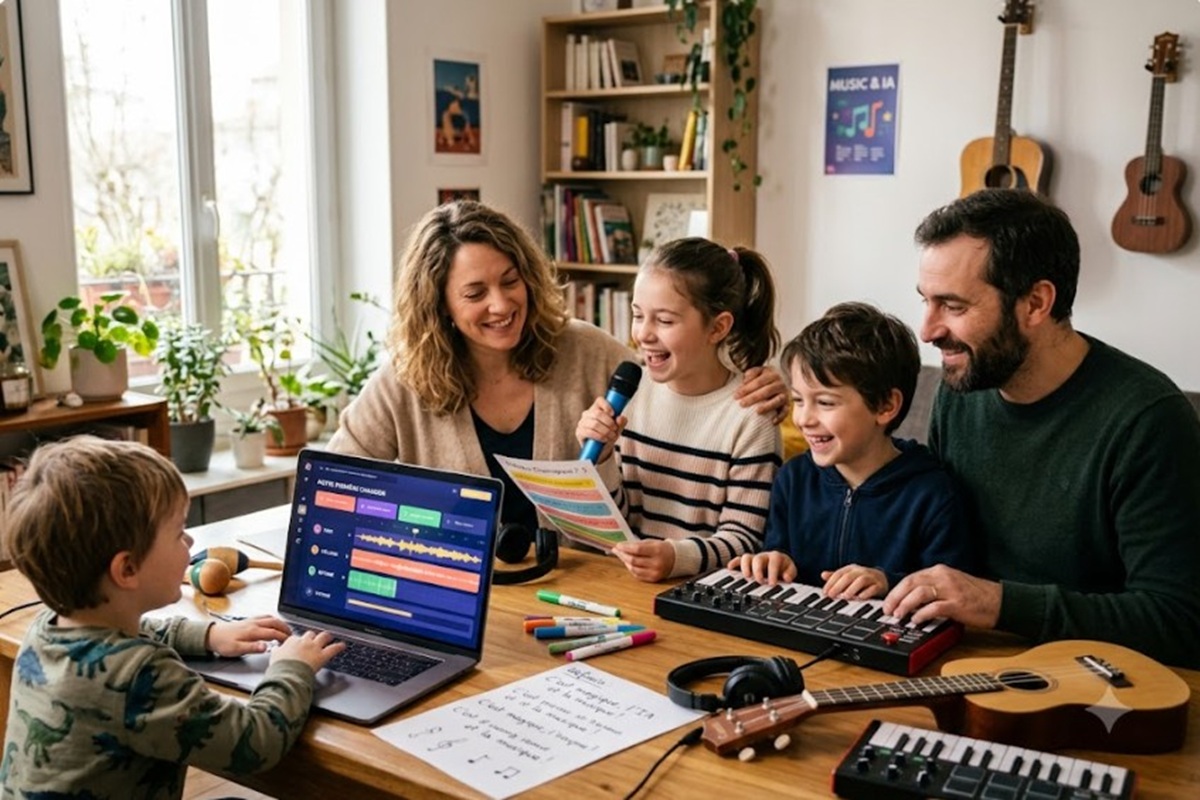 Une famille créant de la musique avec l'IA