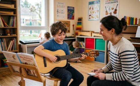 Un enfant jouant avec sa guitare à un cours de musique