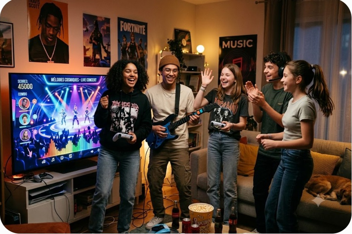 Un groupe de jeunes assistant à un concert virtuel