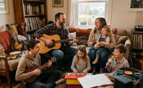 Une famille s’amusant avec de la musique