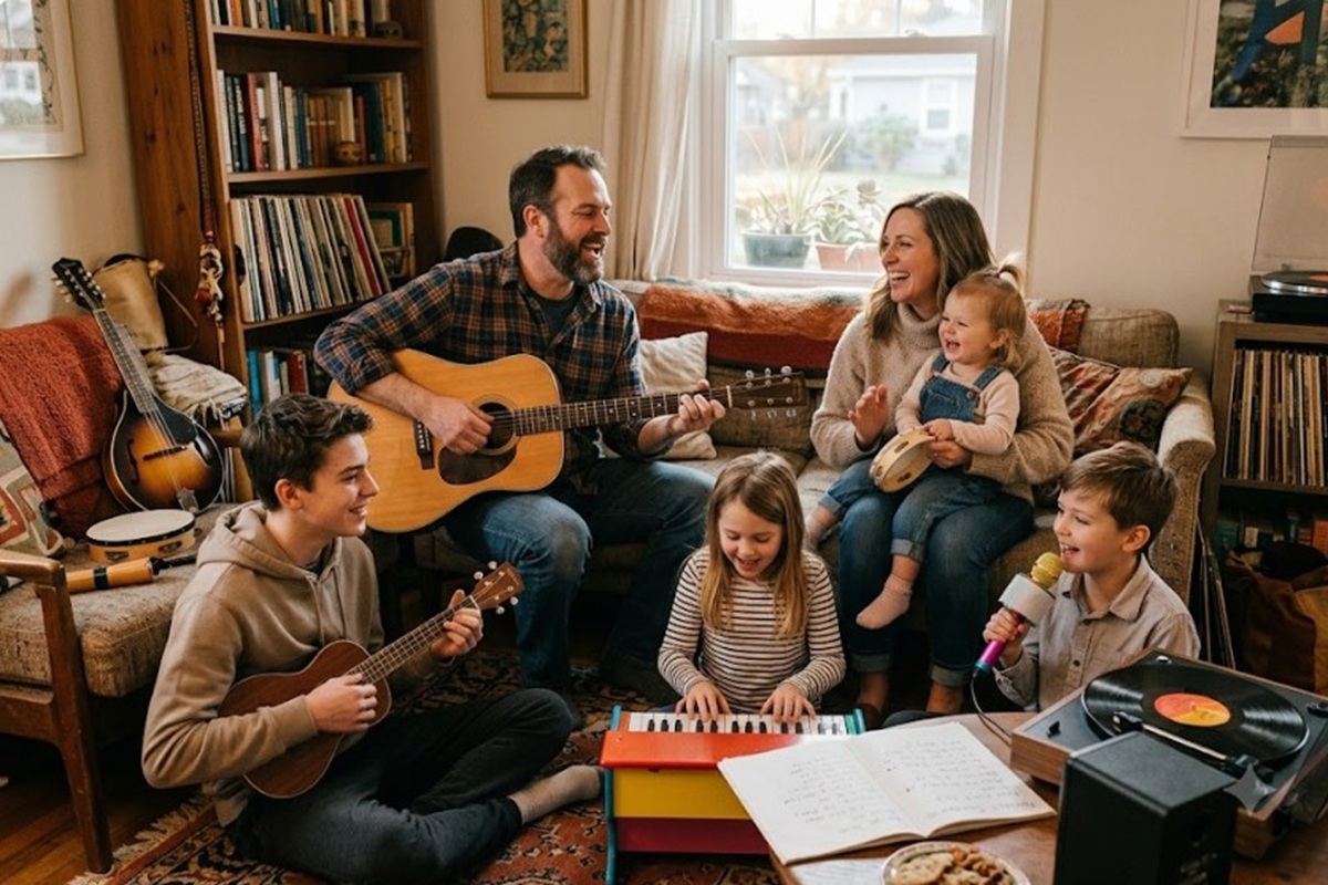 Une famille s’amusant avec de la musique
