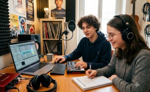 Deux jeunes écrivant des paroles de musique