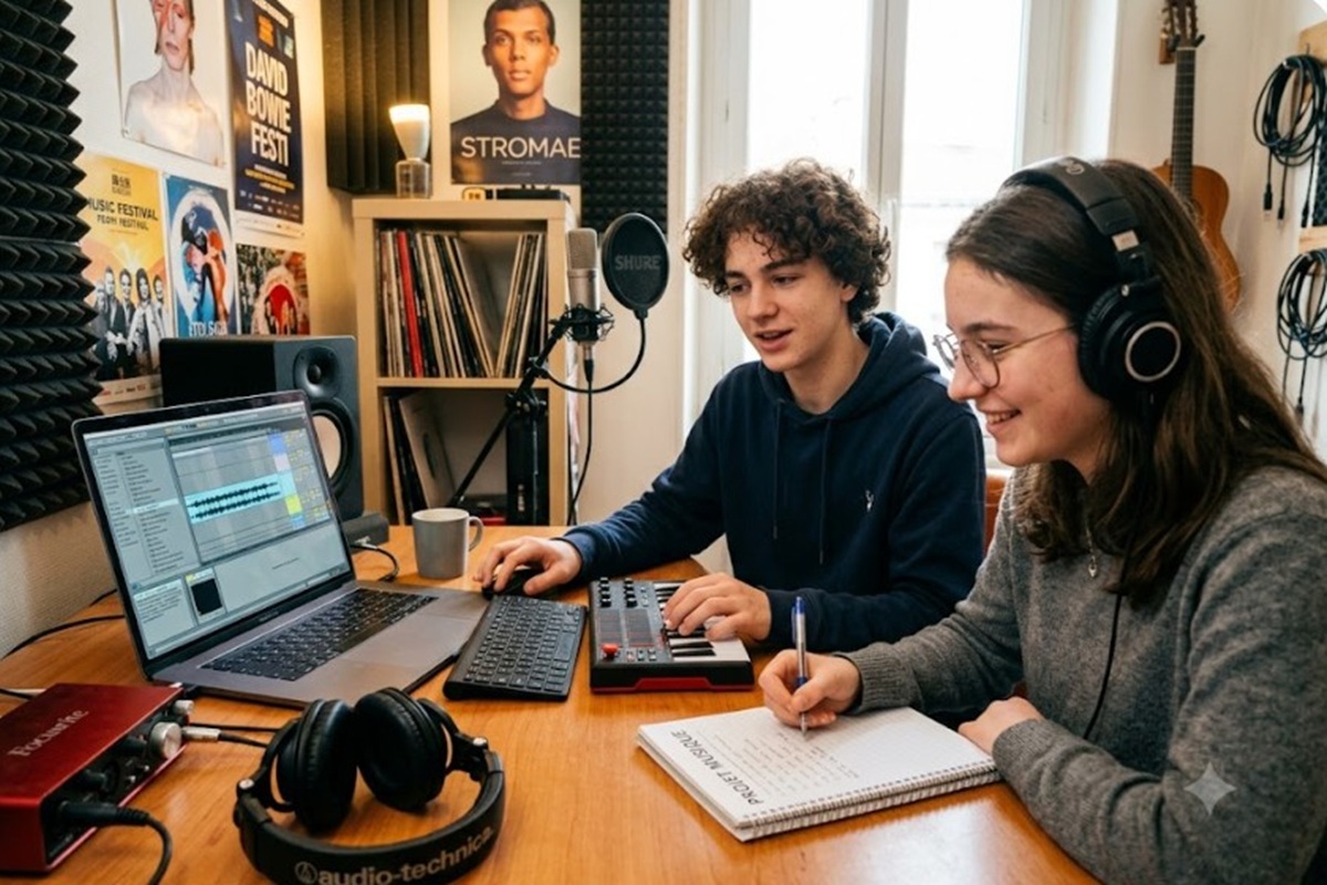 Deux jeunes écrivant des paroles de musique