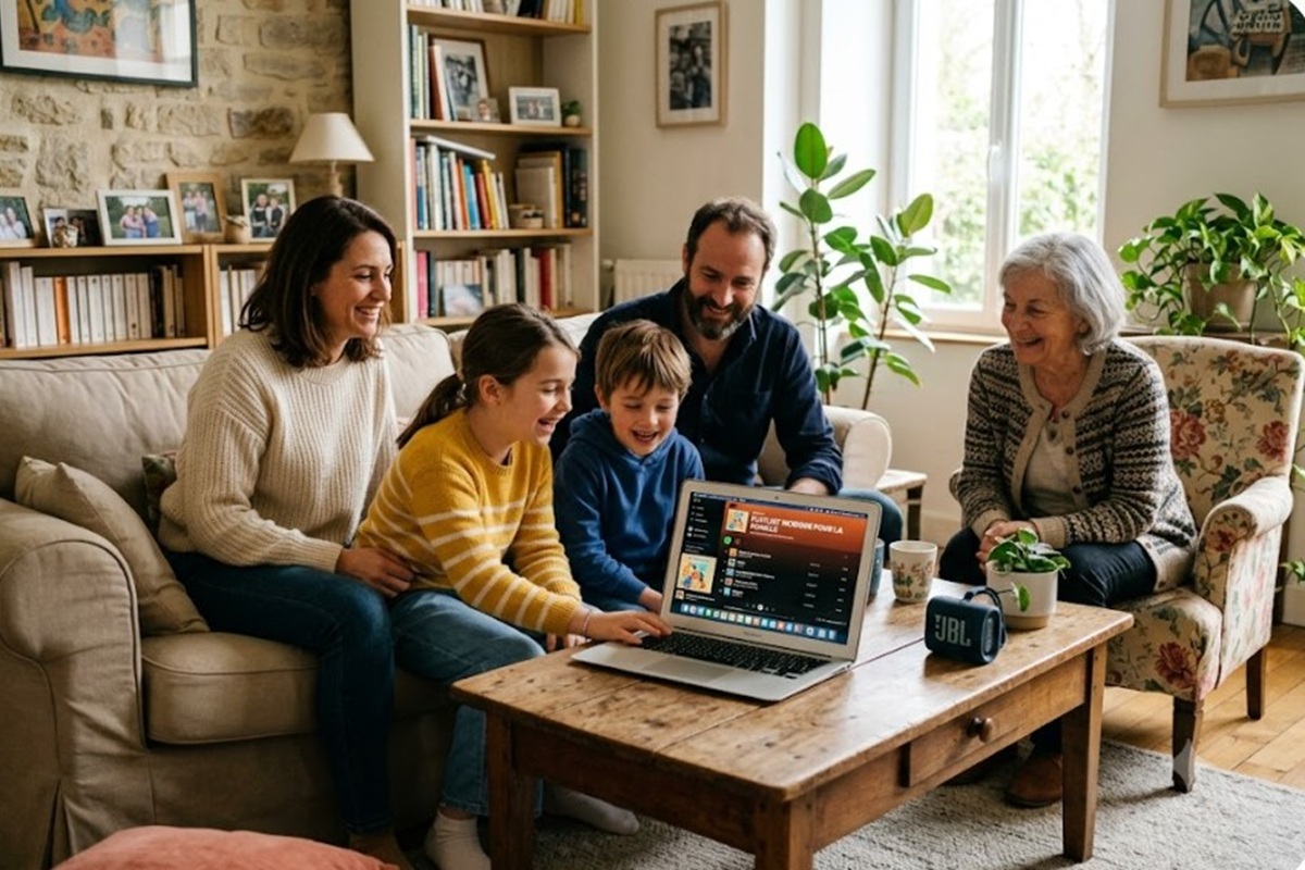 Une famille écoutant de la musique sur Internet