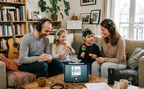 Une famille écoutant des podcasts de musique