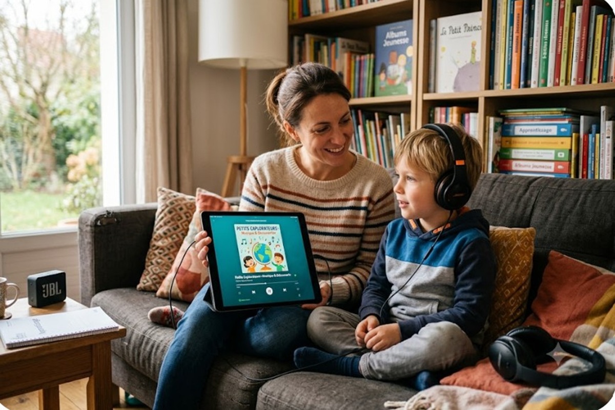 Un enfant écoutant un podcast avec sa mère