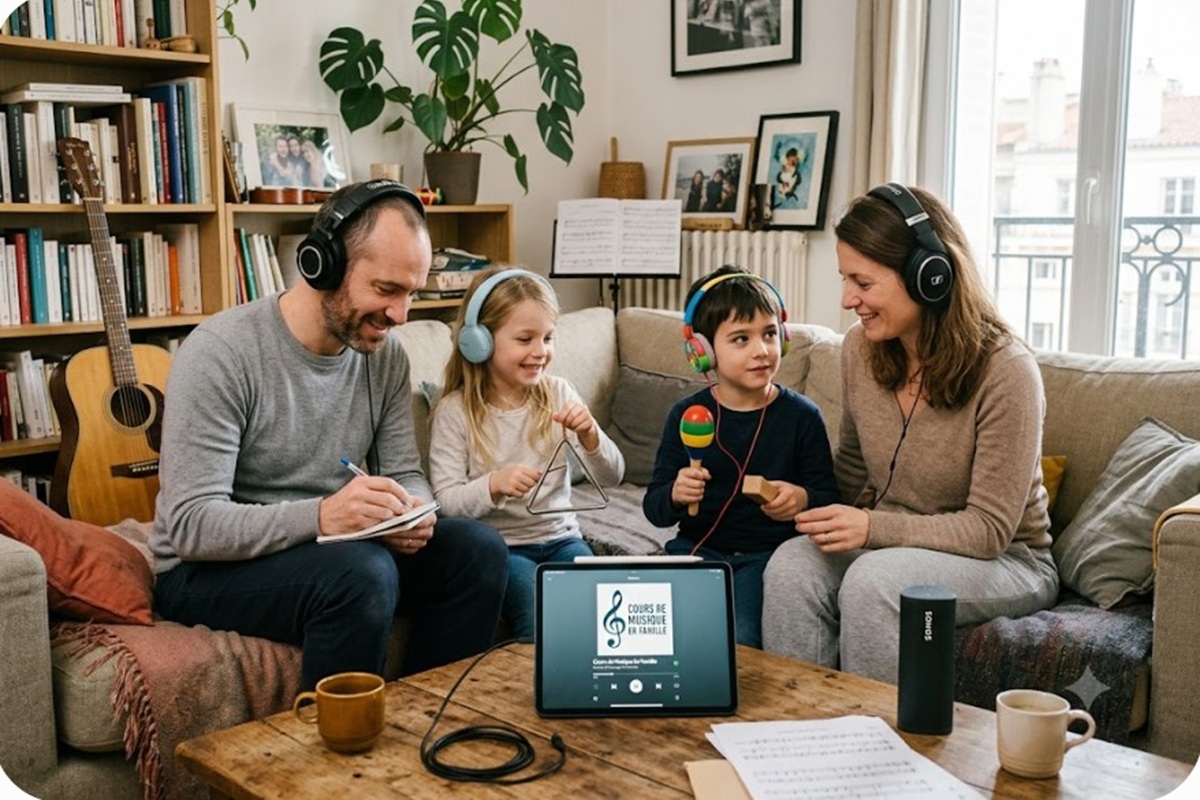 Une famille écoutant des podcasts de musique