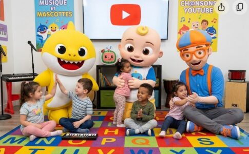 Des enfants avec des mascottes de musique