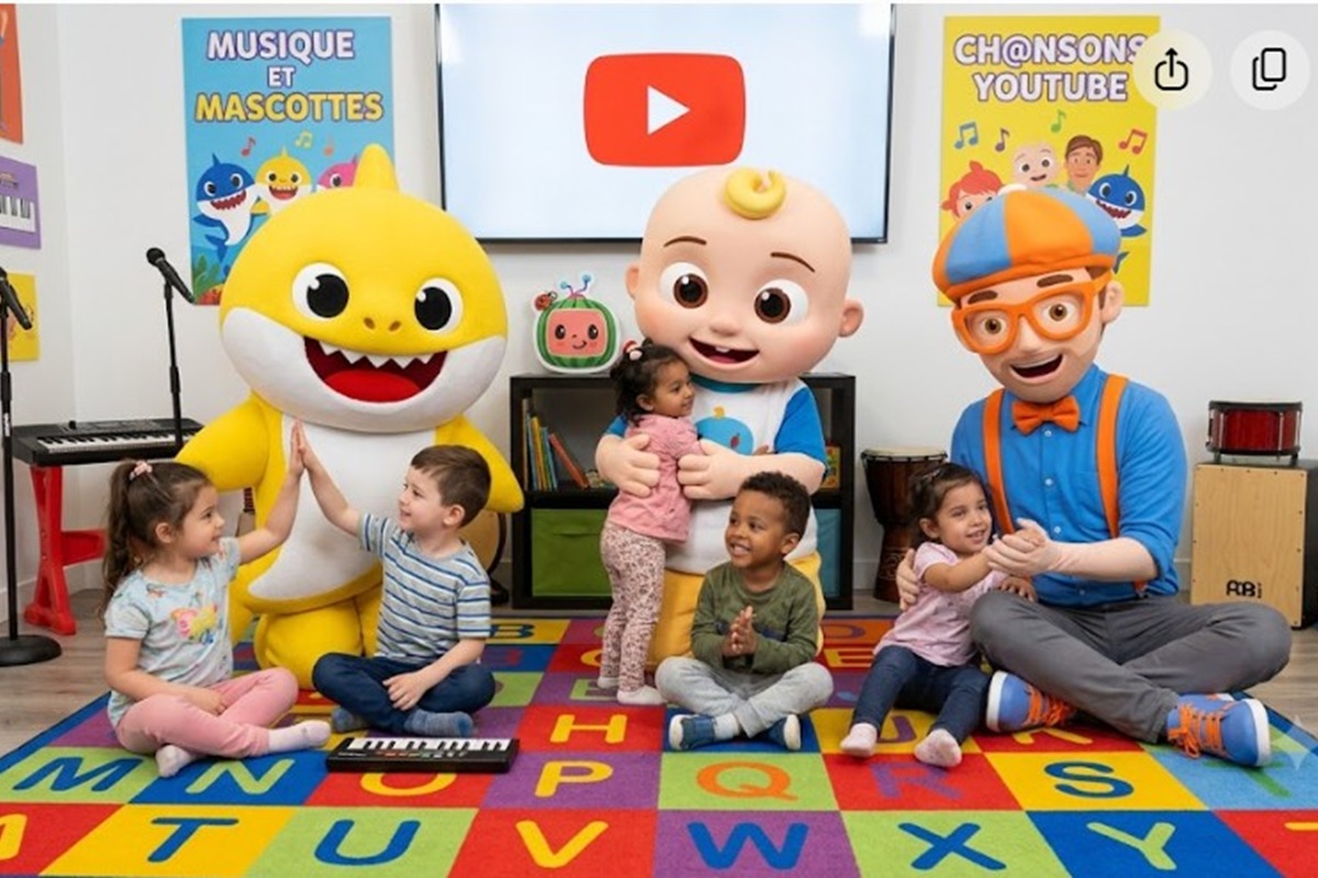Des enfants avec des mascottes de musique