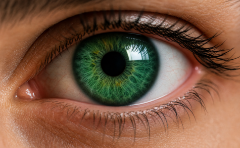 Un œil humain grand ouvert avec un iris vert émeraude détaillé et des cils noirs bien définis.