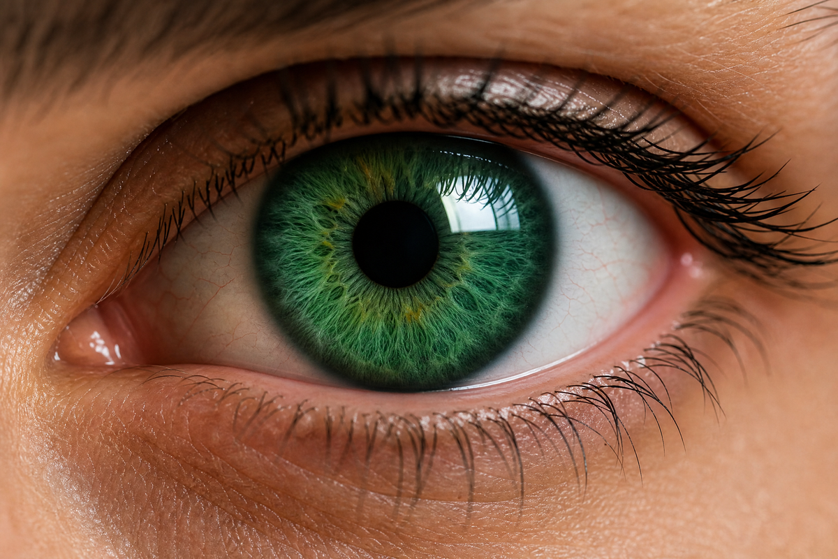 Un œil humain grand ouvert avec un iris vert émeraude détaillé et des cils noirs bien définis. 