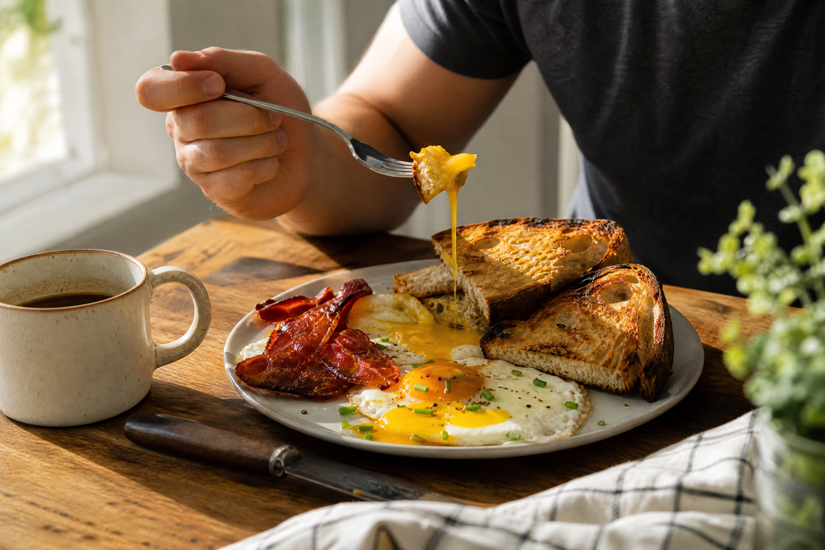 Une assiette de petit-déjeuner composée d'œufs au plat, de bacon et de toasts.