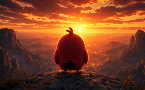 Oiseau rouge admirant un coucher de soleil