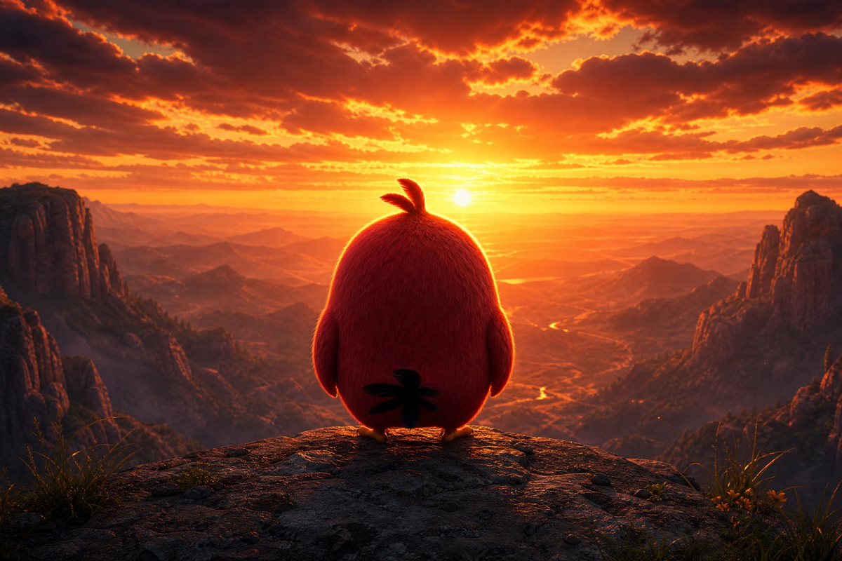 Oiseau rouge admirant un coucher de soleil