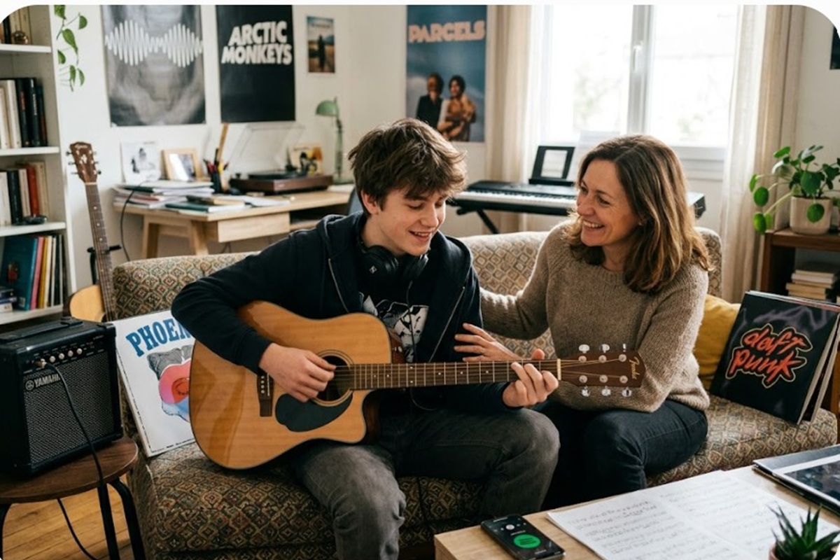 Un enfant qui joue de la guitare avec sa mère