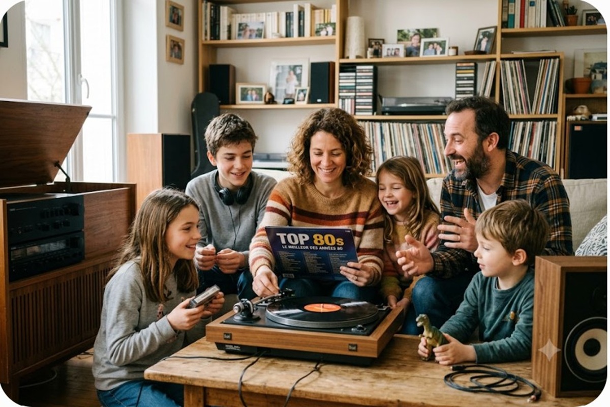 Une famille écoutant de la musique des années 80