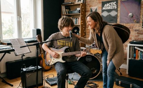 Une maman encourageant son fils qui joue de la musique