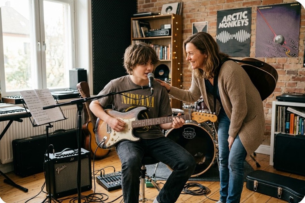 Une maman encourageant son fils qui joue de la musique