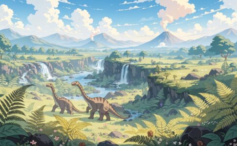 Un paysage préhistorique luxuriant avec de grands dinosaures herbivores