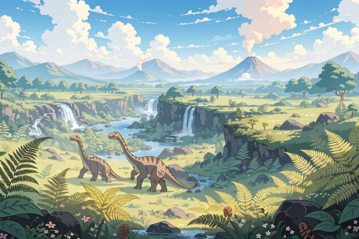 Un paysage préhistorique luxuriant avec de grands dinosaures herbivores