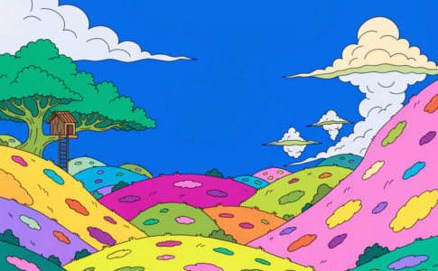 Un paysage de dessin animé avec collines colorées et cabane dans un arbre